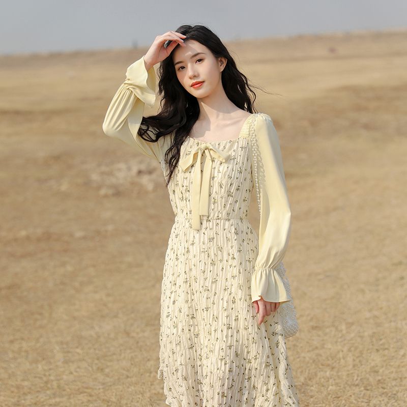 French platycodon first love skirt new spring  gentle temperament high waist mid-length chiffon floral dress