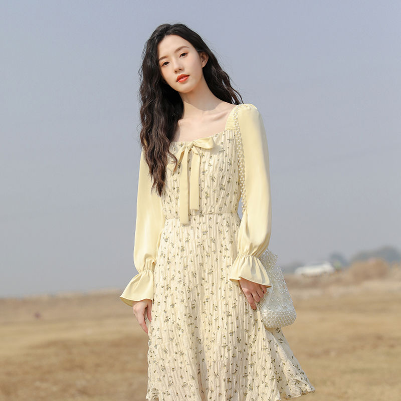 French platycodon first love skirt new spring  gentle temperament high waist mid-length chiffon floral dress