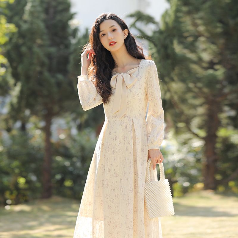 French platycodon first love skirt new style  spring and summer gentle temperament high waist long lace floral dress