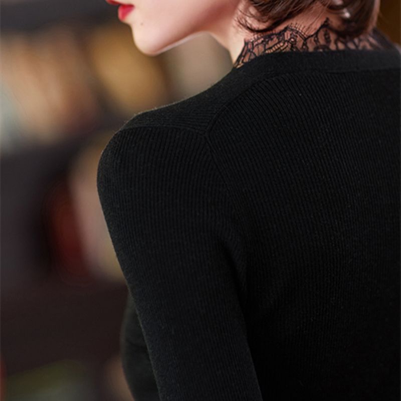 V领针织衫女2021春装新款修身黑色蕾丝衫短款打底衫优雅气质上衣