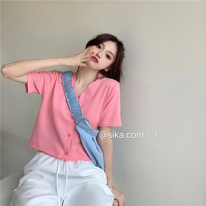 Summer short knitted cardigan ice silk BM style top sweet and gentle style thin net red V-neck short sleeve T-shirt women's fashion