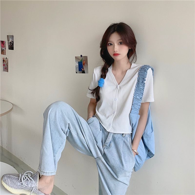 Summer short knitted cardigan ice silk BM style top sweet and gentle style thin net red V-neck short sleeve T-shirt women's fashion