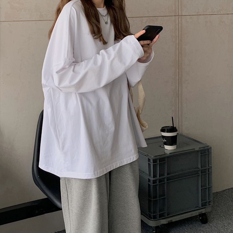 内搭长袖t恤女装韩版宽松2021年新款春秋季ins潮白色打底衫上衣服【2