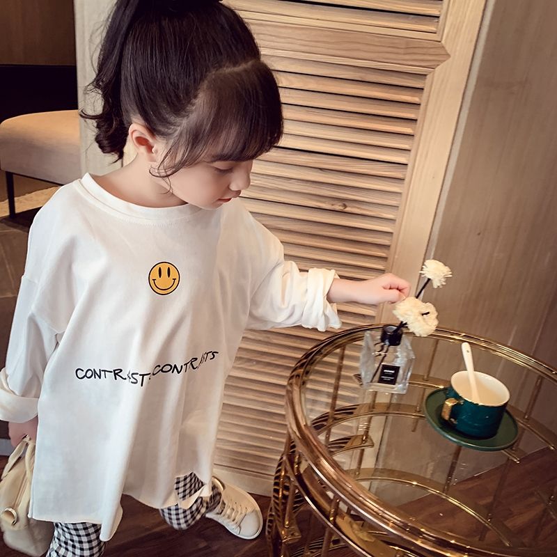 女童上衣春装新款儿童韩版洋气笑脸英文长袖打底衫小女孩T恤