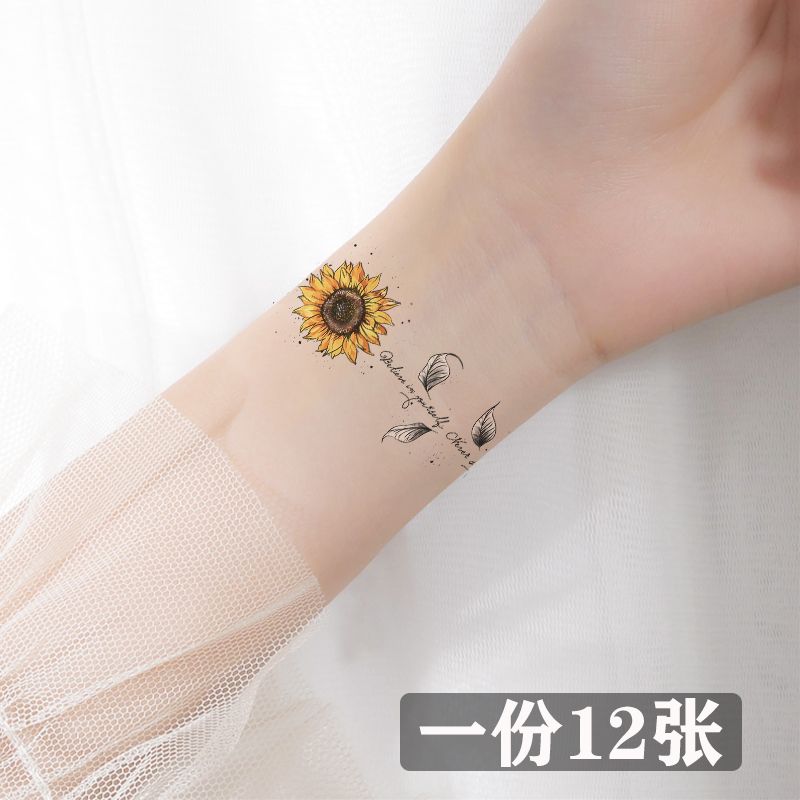 纹身贴防水女持久花臂向日葵锁骨脚踝腿部腹部遮疤手臂逼真刺青