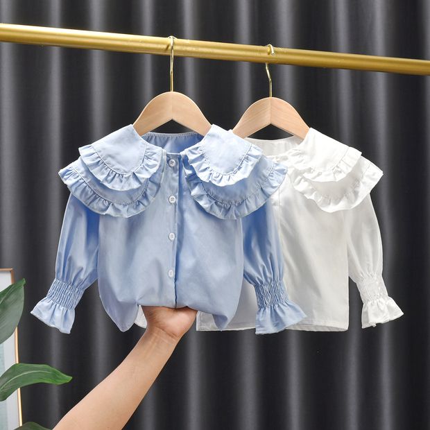 2022女童裝春裝新款娃娃領韓版兒童襯衫女寶寶春秋洋氣小女孩襯衣