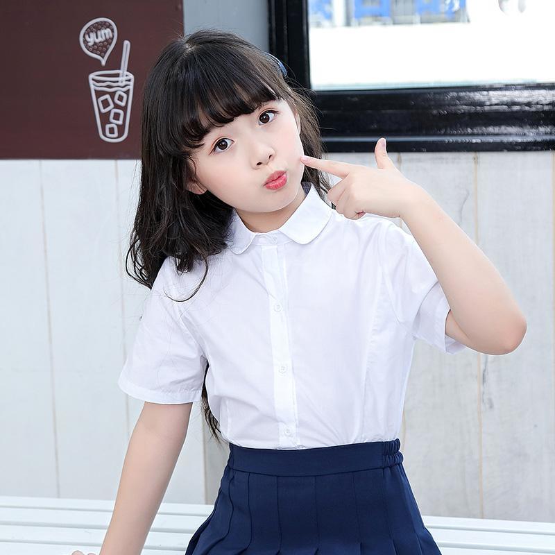Girls white shirt short-sleeved primary school students foreign style white shirt school uniform children girls half-sleeved middle and big children solid color