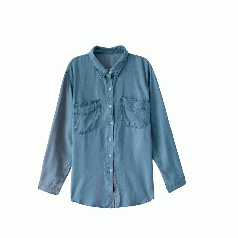 Denim shirt female design sense of the minority spring and summer new fold wear Korean loose retro versatile Casual Short Sleeve Top