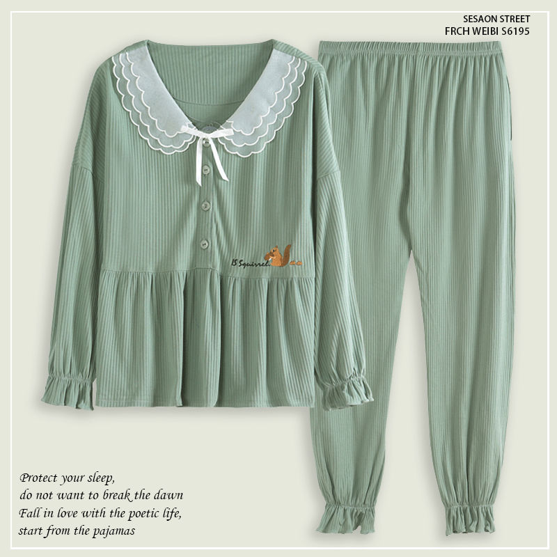 Spring and autumn women's pure cotton new long-sleeved pajamas set plus size pullover embroidery simple cotton home service set