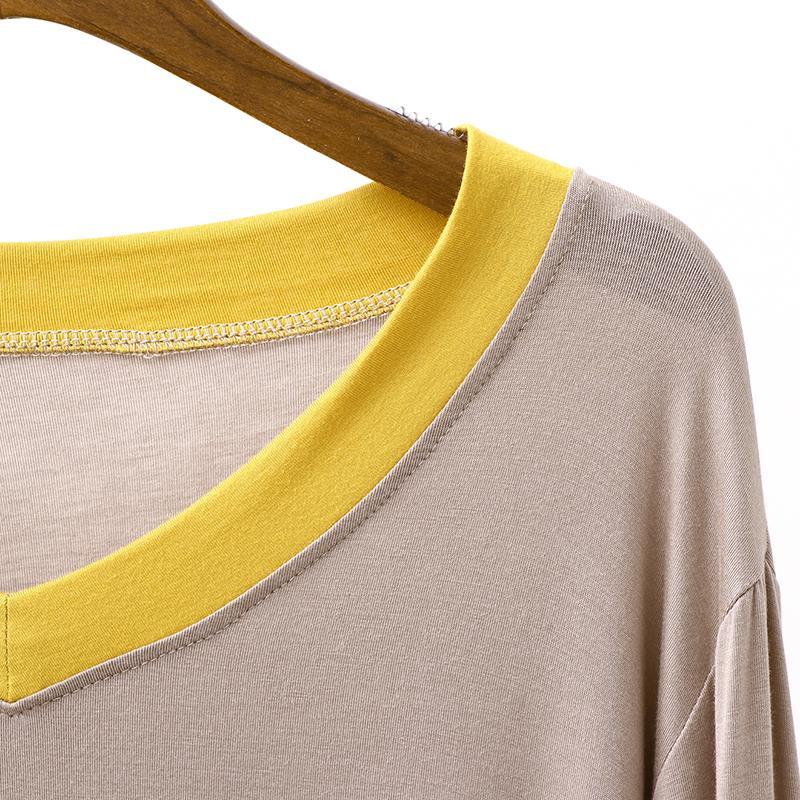Spring and summer modal V-neck long-sleeved T-shirt ladies loose large size home clothes top bottoming shirt fat mm confinement clothes