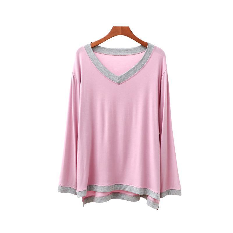 Spring and summer modal V-neck long-sleeved T-shirt ladies loose large size home clothes top bottoming shirt fat mm confinement clothes