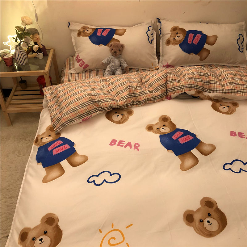 清新可爱熊床上四件套水洗棉蓝色字母卡通被套ins儿童床单三件套