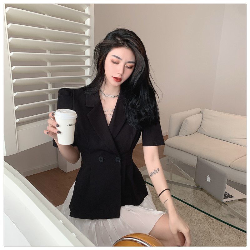 Suit suit coat women's thin summer 2022 new casual waist closed short sleeve V-neck suit top two pieces