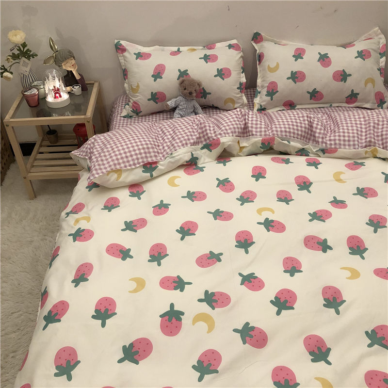 ins粉色草莓床上用品四件套韩版简约床单被套单人学生宿舍三件套