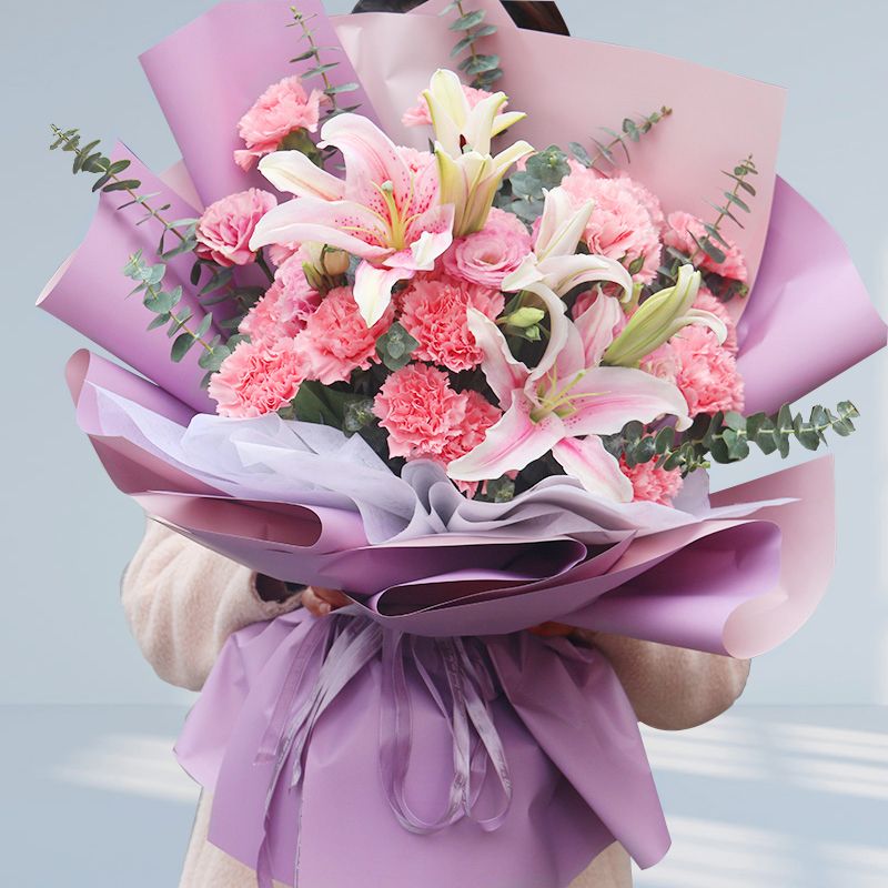 香水百合康乃馨花束济南鲜花速递同城历下市中槐荫长辈生日送花店