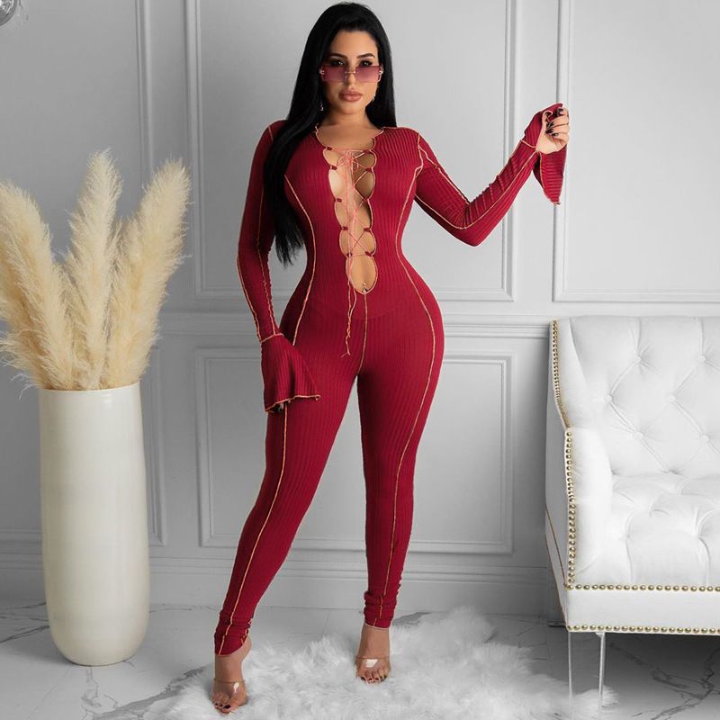 flared,bolls sexy v-neck flared sleeve jumpsuit 秋季黑色绿色酒红色连体裤
