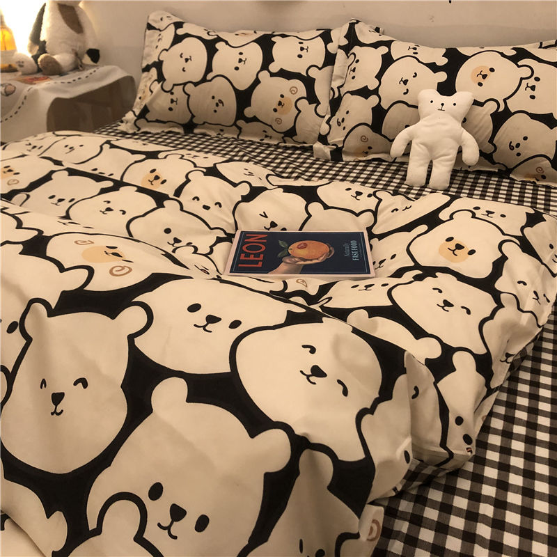 韩式卡通女孩小熊水洗棉床上四件套学生宿舍单三件套双人床单被套