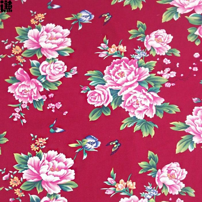 抖音原创中国风全棉布料东北大花布面料服装民族风大花布料紫红牡