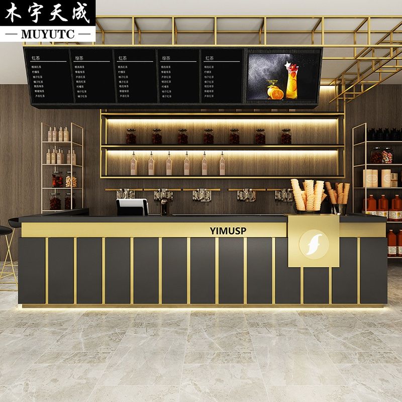 轻奢奶茶店吧台收银台商用西餐厅美容院前台柜台桌设计背景墙定做【3