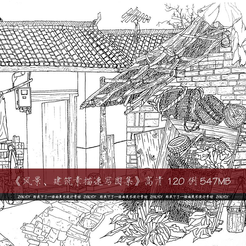 风景建筑素描速写黑白手绘钢笔画设计素材高清线描图片临摹新品
