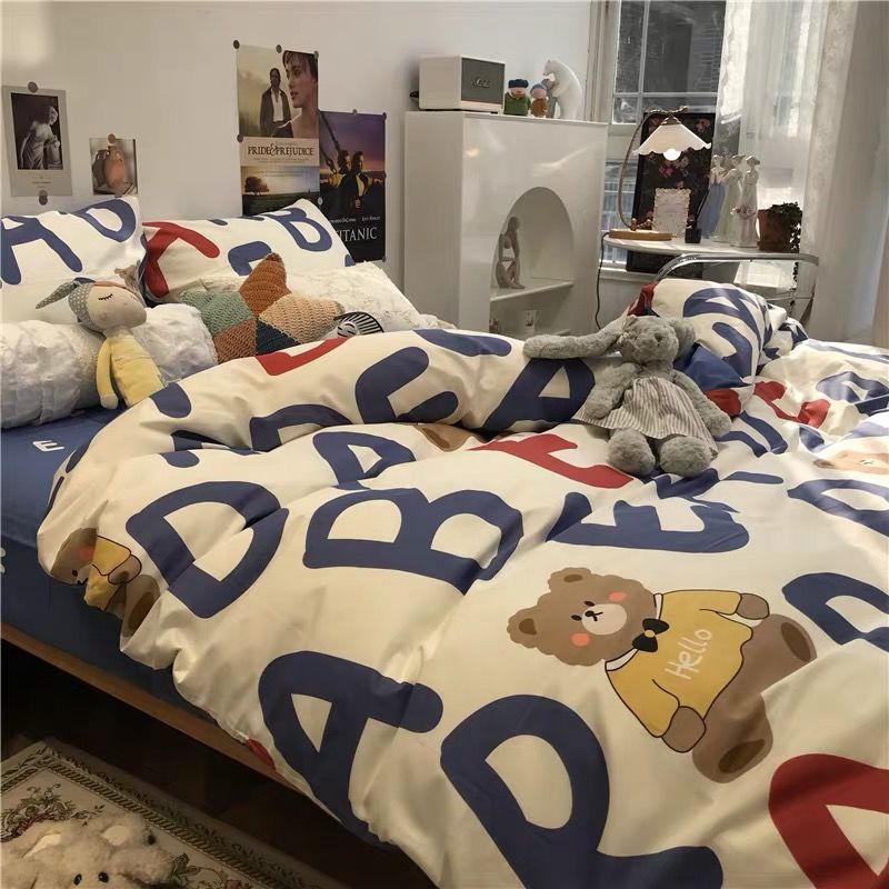 北欧简约字母小熊熊男孩床上四件套水洗棉被套蓝色三件套1.5床单