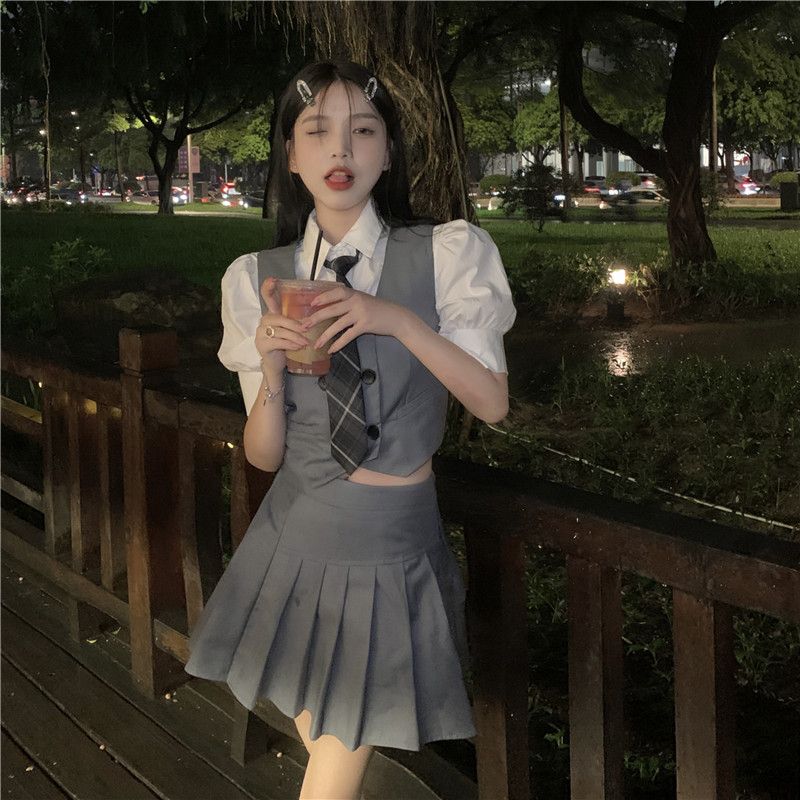 【三件套裝】夏季學院風jk制服時尚白色襯衫灰色百褶裙馬甲背心