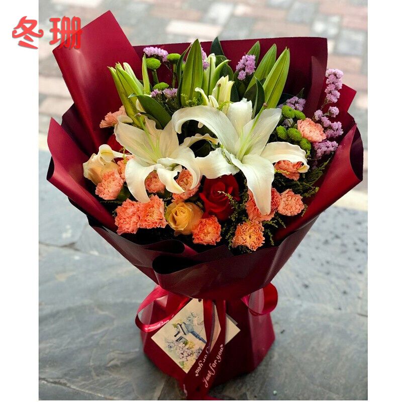 康乃馨玫瑰白百合花束探望女友恋人友情生日送花元旦鲜花速递同城