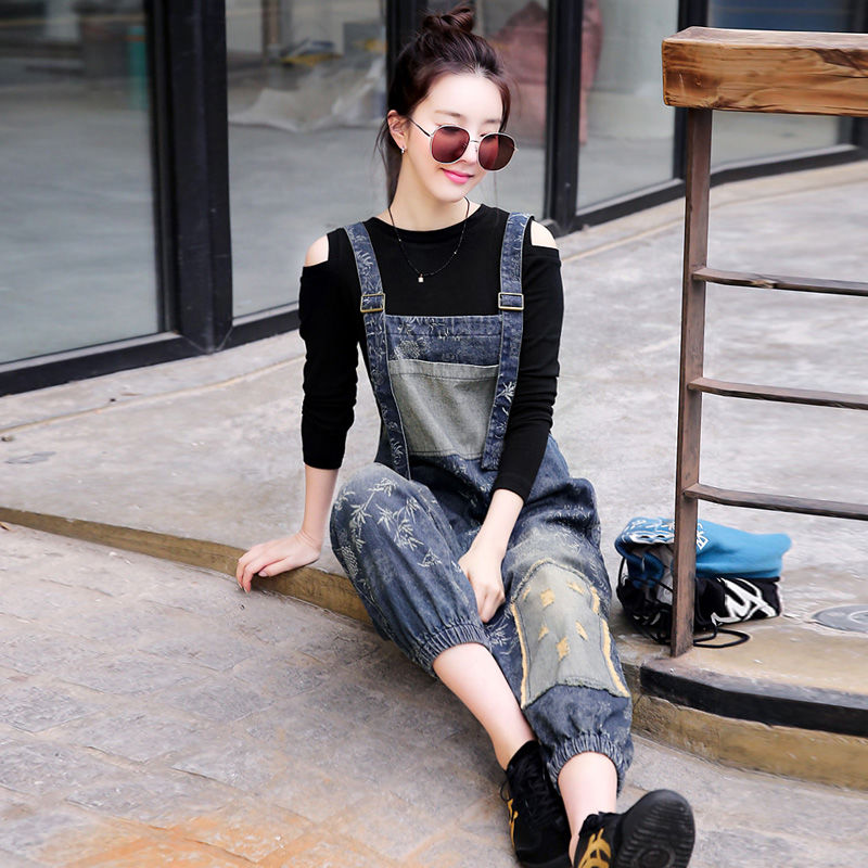 Denim strap bloomers women's  spring new Korean version straight loose slim jumpsuit cropped pants