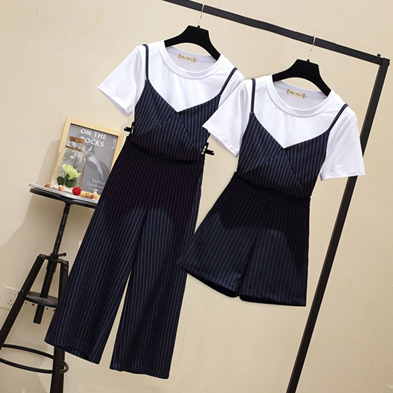 大碼女裝夏季套裝女2022新款收腰顯瘦減齡白色短袖背帶褲兩件套潮
