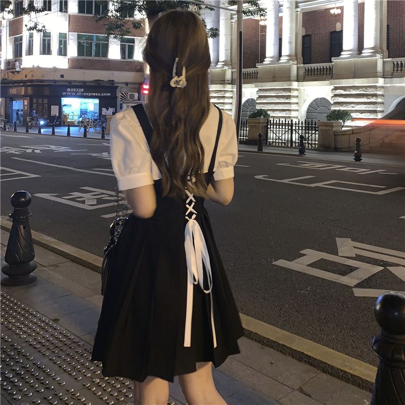兩件套裝夏季寬鬆泡泡袖娃娃領短袖襯衫法式收腰系帶吊帶短裙子潮