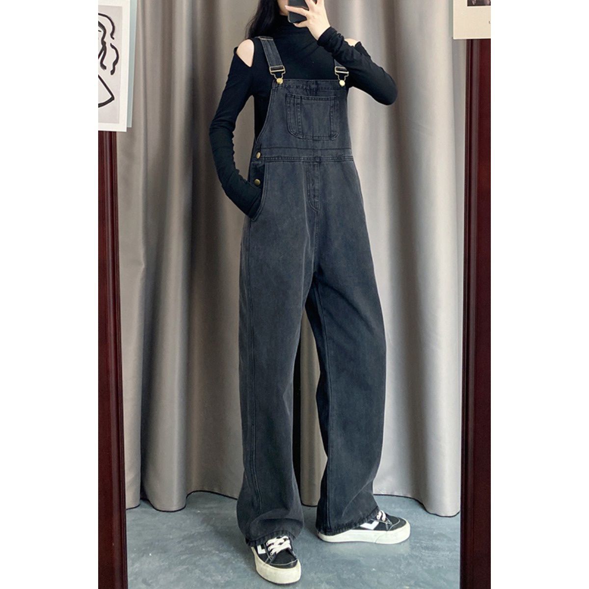 Lengthened 170 new Hong Kong-style denim overalls women's spring and autumn tall tall loose slim and age-reducing jumpsuit wide-leg pants