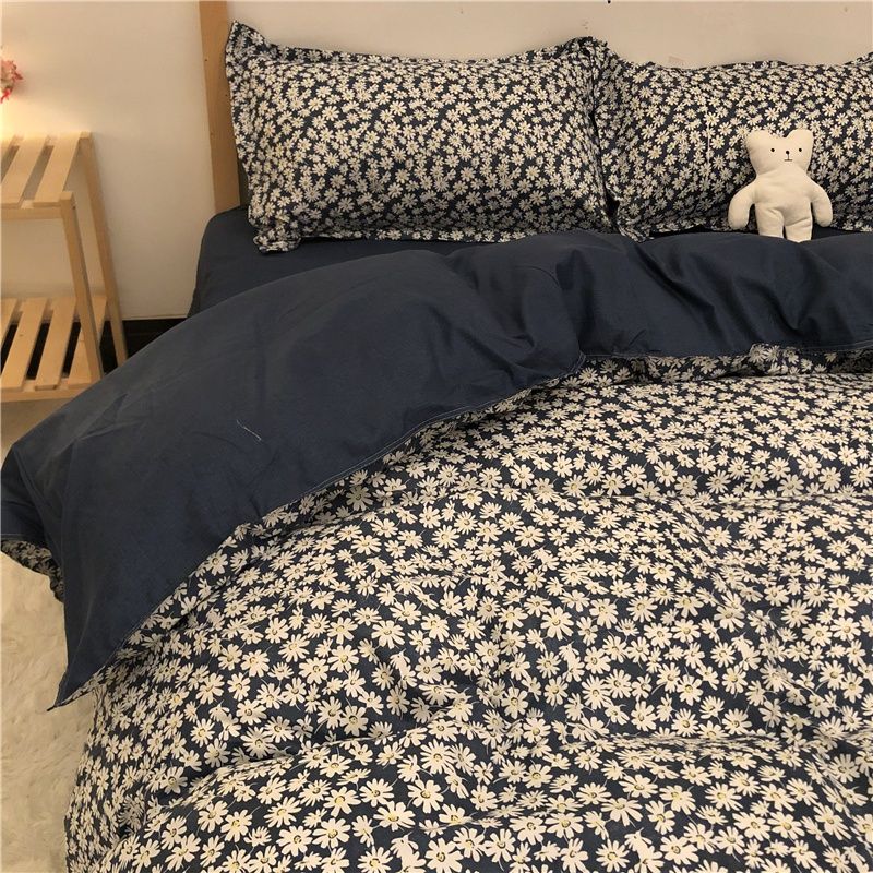 清新可爱熊床上四件套水洗棉蓝色字母卡通被套ins儿童床单三件套
