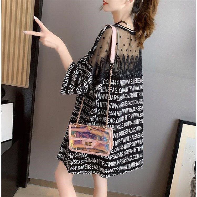 Summer new fat mm loose large size women's ins foreign style cover belly lace short-sleeved T-shirt 200 catties 300 top tide