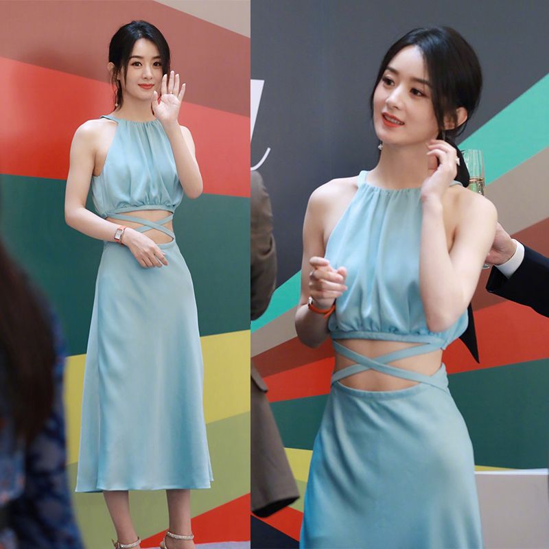 明星赵丽颖同款醋酸缎面连衣裙女2021新款夏显瘦中长款修身礼服裙