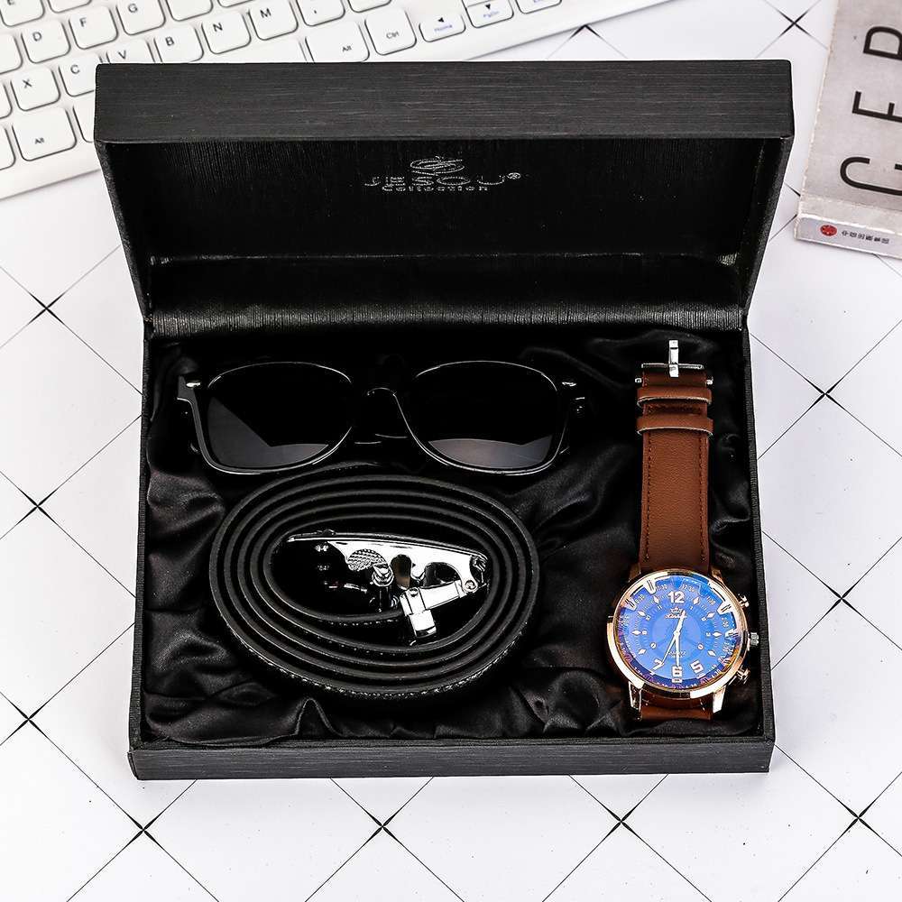 three birthday gifts leather quartz watch with belt glasses