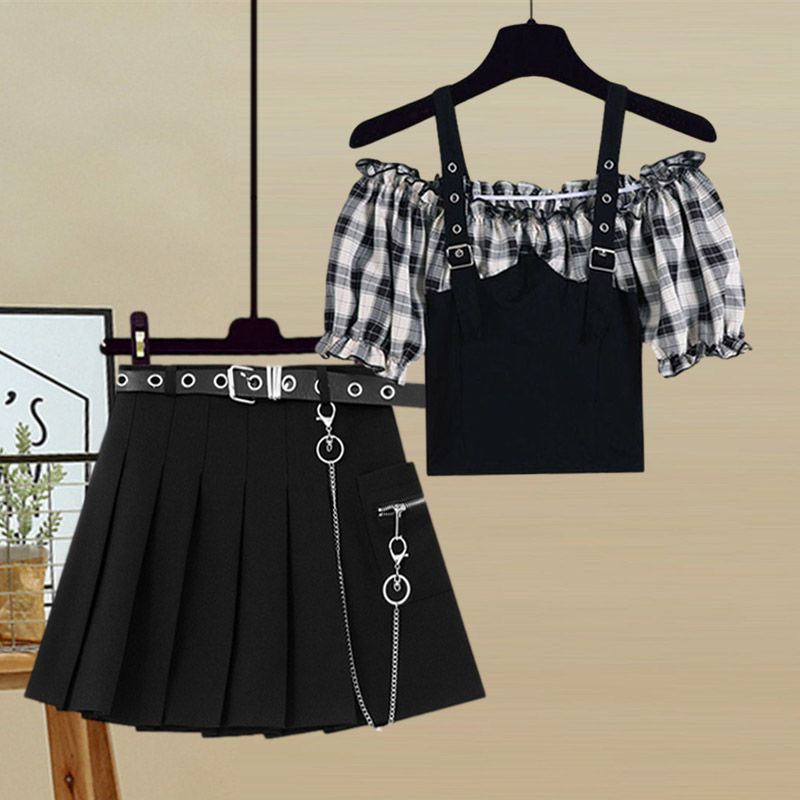 Plus size women's summer suit women's 2023 new style waist slimming age reduction leaky shoulder tops and skirts two-piece trendy set