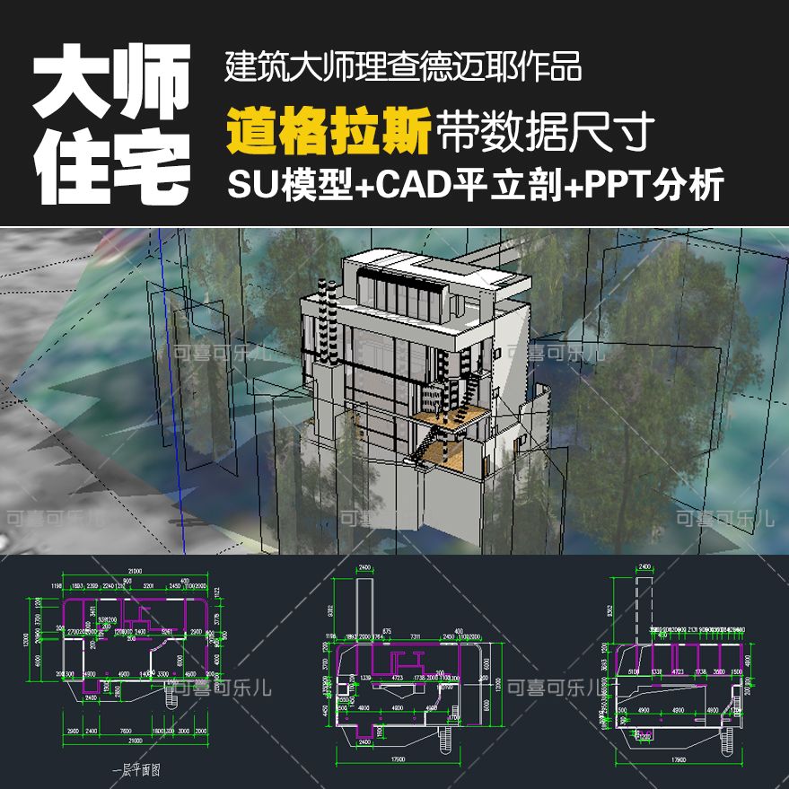 建筑大师理查德迈耶作品道格拉斯住宅su模型cad图纸平立剖ppt分析