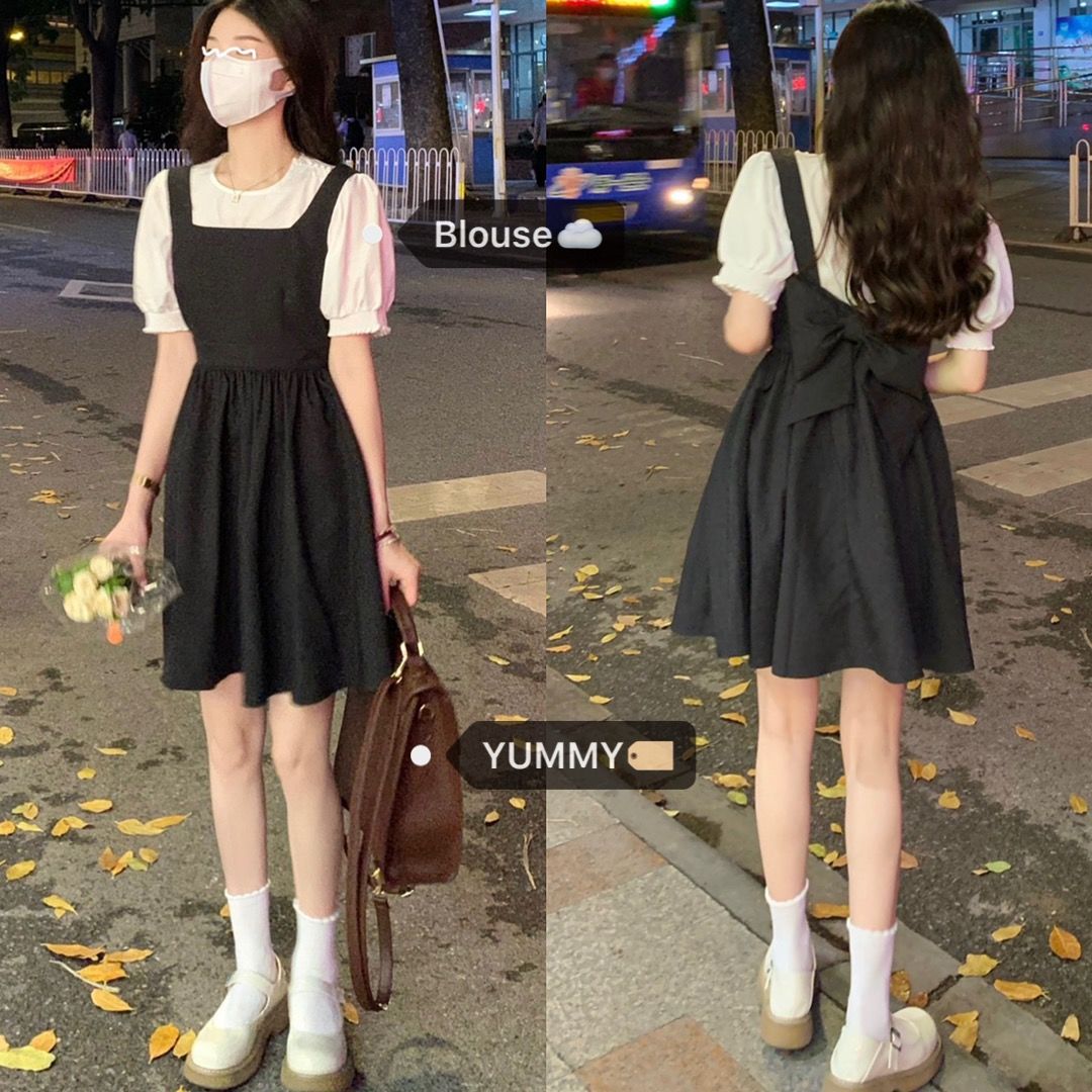 【兩件套裝】夏學院風甜美百搭泡泡袖襯衫後背蝴蝶結吊帶連衣裙子