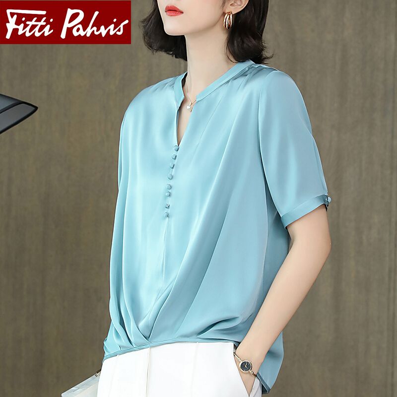 fitti pahris高定品牌真丝衬衫女小衫2021新款短袖桑蚕丝半袖洋气