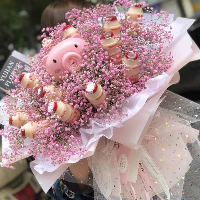 养乐多花束益力多酸奶粉色零食泡泡机抖音网红生日送女友长春鲜花