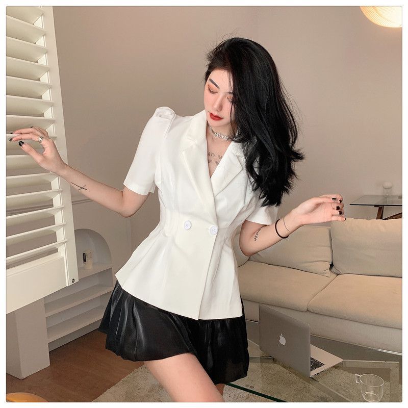 Suit suit coat women's thin summer 2022 new casual waist closed short sleeve V-neck suit top two pieces
