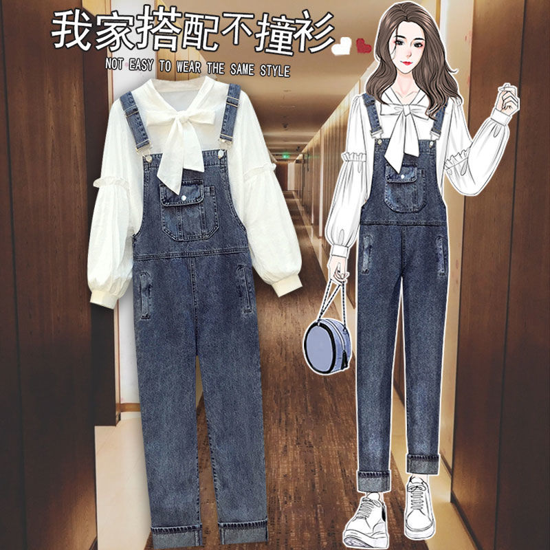 大碼女裝200斤胖妹妹春季套裝女洋氣襯衫上衣背帶牛仔褲兩件套裝
