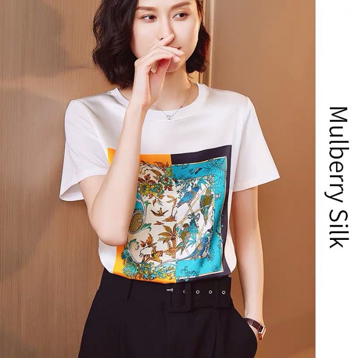 2021夏妈妈短袖上衣女含棉仿真丝圆领印花t恤打底衫休闲韩版半袖