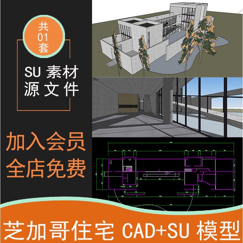 芝加哥住宅cad平立剖图纸 su模型 分析图片 安藤忠雄大师作品别墅