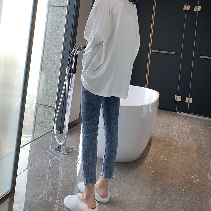 Pierced high waist jeans women's South Korea BF new autumn super soft elastic cropped pants slim slim Leggings
