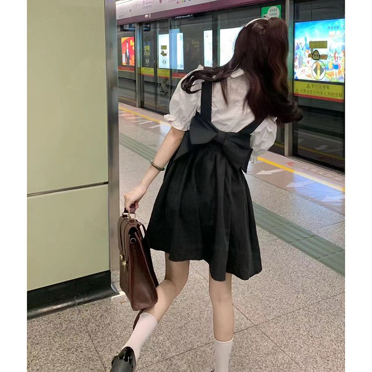 【兩件套裝】夏季減齡泡泡袖短袖襯衫+復古露背蝴蝶結吊帶連衣裙