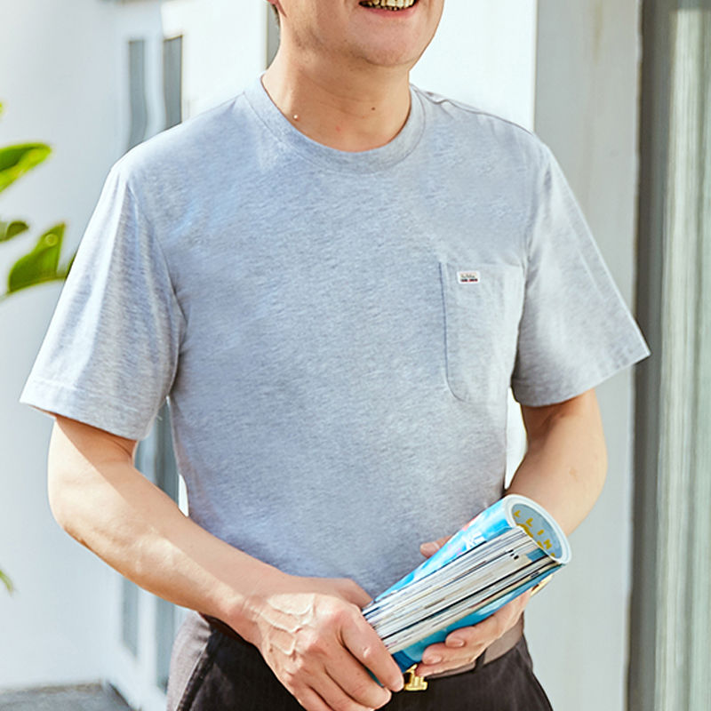 純棉爸爸裝夏季男士短袖T恤真口袋潮男裝中老年寬鬆打底衫大紅色