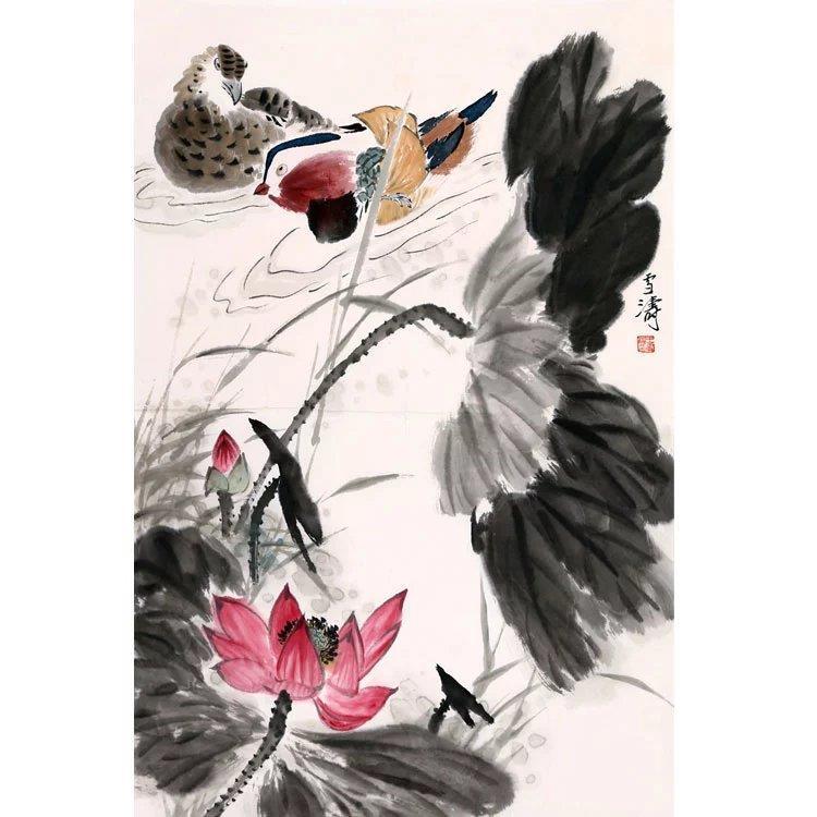 王雪涛字画作品手绘二尺国画精品荷花鸳鸯赠荣宝斋鉴定证书收藏册