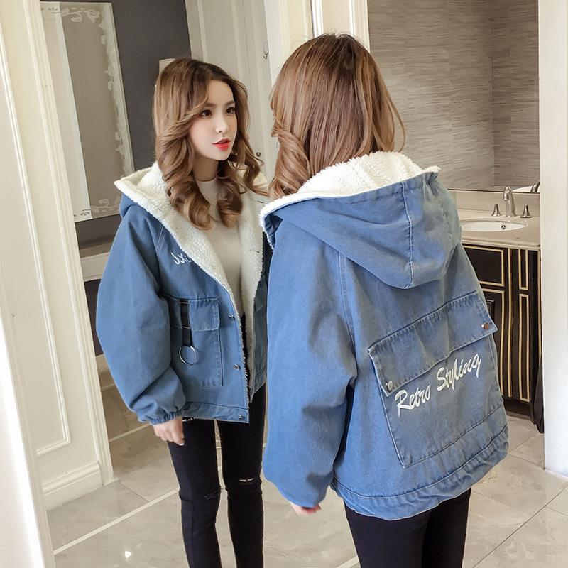 2020 new Korean online red winter cotton padded clothes loose student hooded Plush cashmere Plush denim coat for women