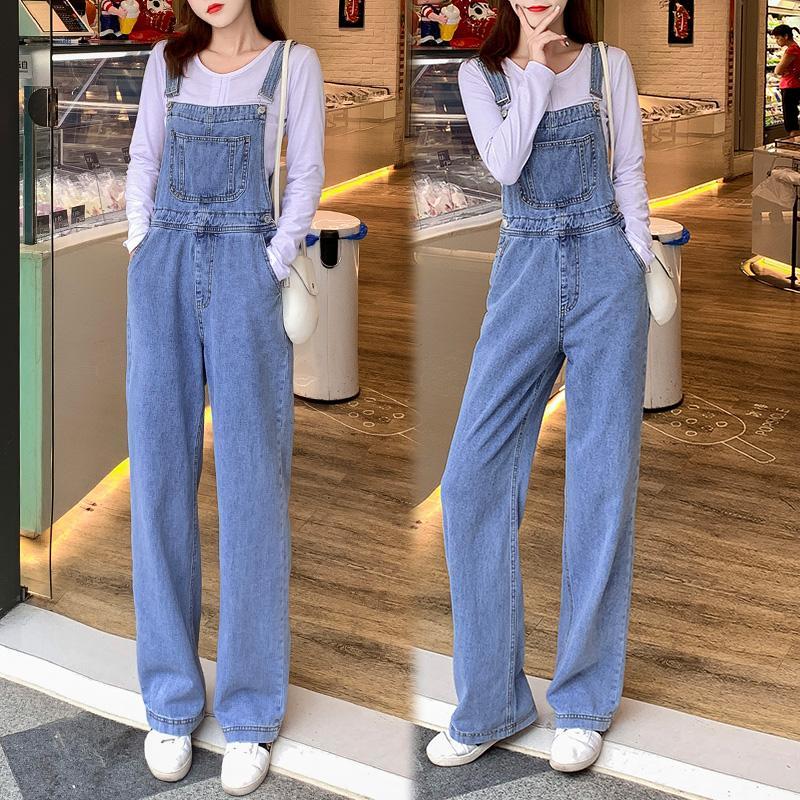 Denim strap pants women's loose Korean version 2020 spring and autumn new high waisted and sagging wide leg pants